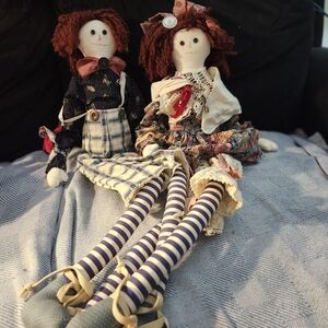 Handmade Rag Doll Pair - Red Hair Fabric Dolls in Navy & Floral Outfits